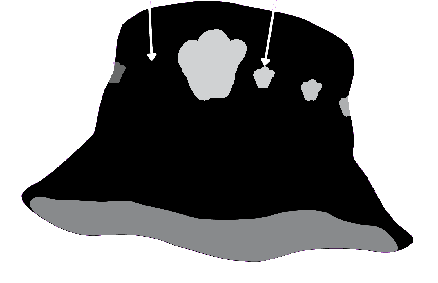 Bucket hat design spec — one large footprint plus a row of smaller footprints fading in transparency from right to left