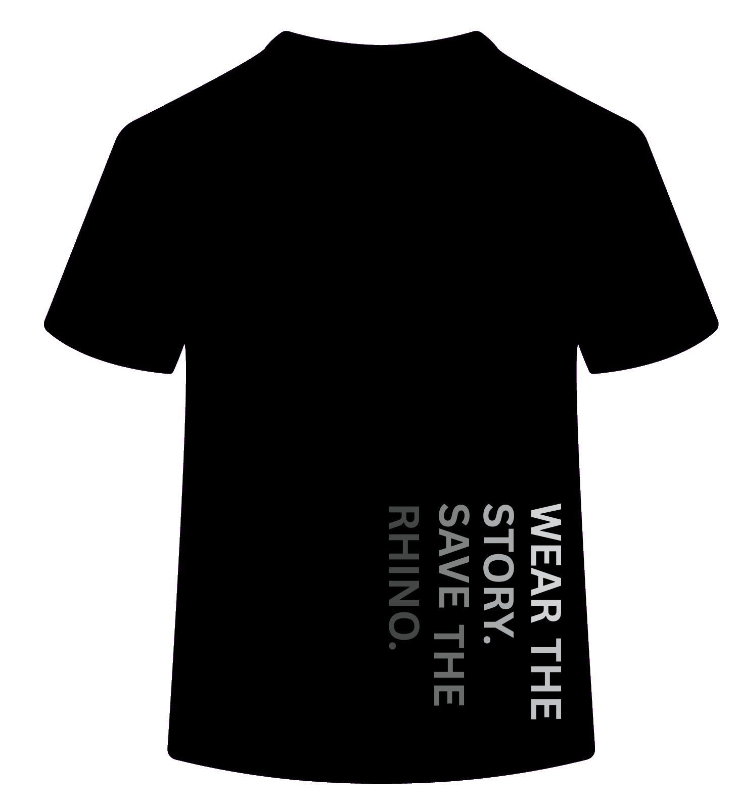 Polo, black colorway, back — vertical grey type reading WEAR THE STORY. SAVE THE RHINO. down the side seam