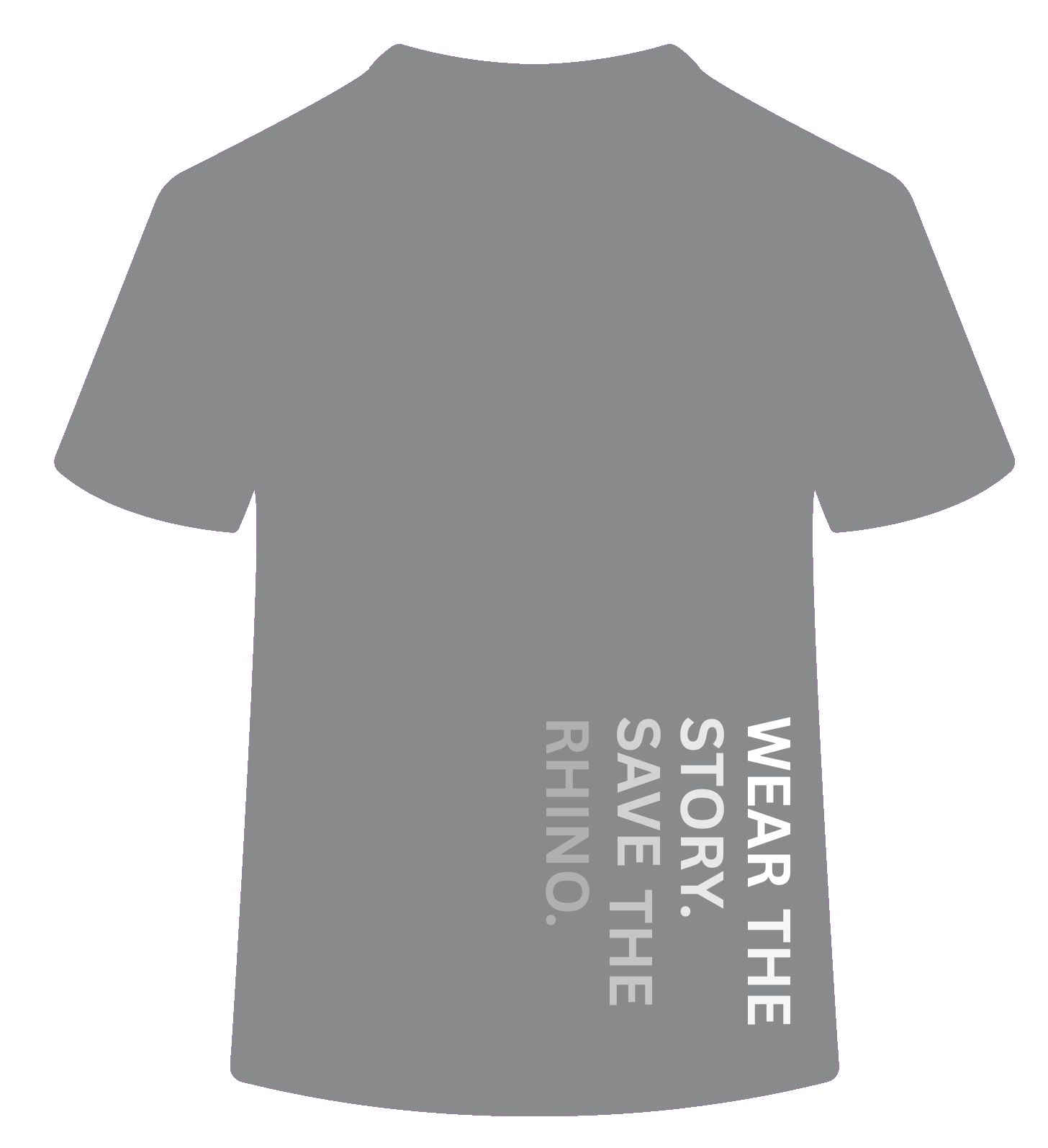 Polo, grey colorway, back — vertical white type reading WEAR THE STORY. SAVE THE RHINO. down the side seam